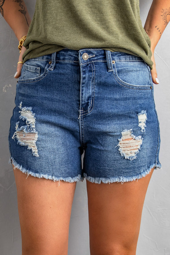 Dark Blue Frayed Hem Denim Shorts