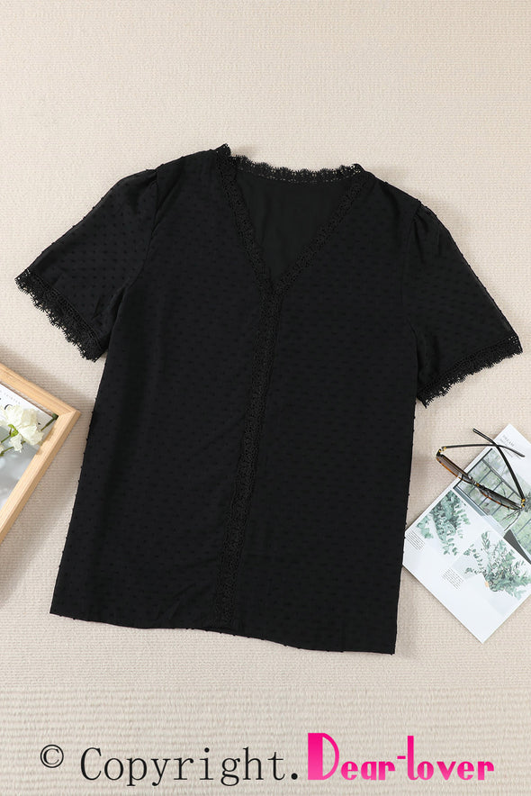 V Neck Lace Crochet Swiss Dot Short Sleeve Blouse