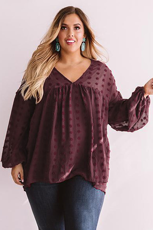 Wine Red V Neck Lantern Sleeve Swiss Dot Plus Size Blouse