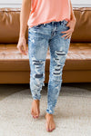 Striped Patchwork Distressed Slim-fit Jeans