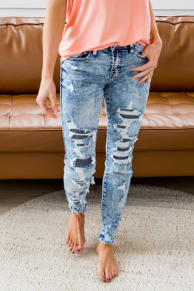 Striped Patchwork Distressed Slim-fit Jeans