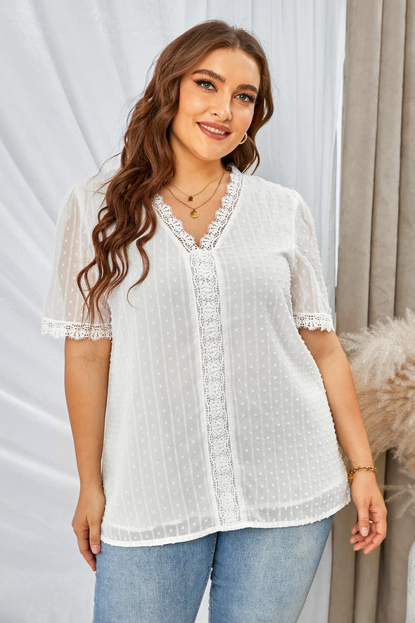 V Neck Lace Crochet Swiss Dot Short Sleeve Blouse