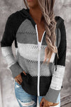 Zipped Front Colorblock Hollow-out Knit Hoodie