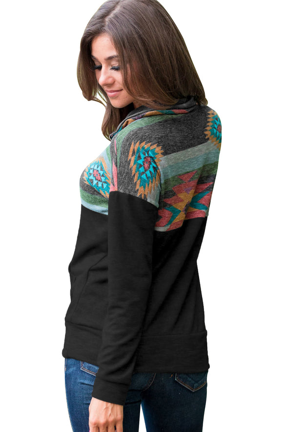 Aztec Print Atop Black Pullover Sweatshirt