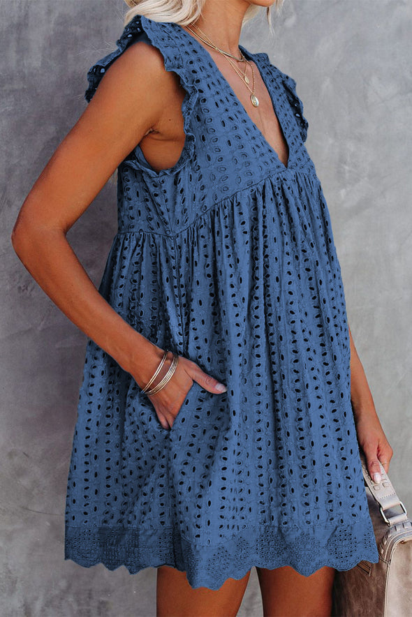 V Neck Ruffled Sleeves Perforating Babydoll Dress