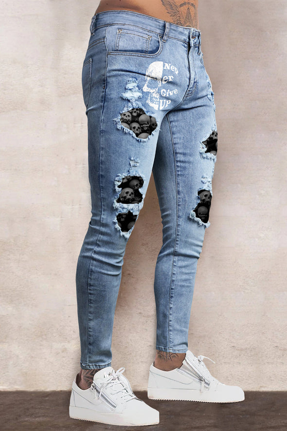 Men's Skull Print Patchwork Distressed Skinny High Waist Jeans