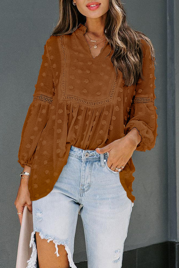 Swiss Dot Split Neck Ruffle Babydoll Blouse