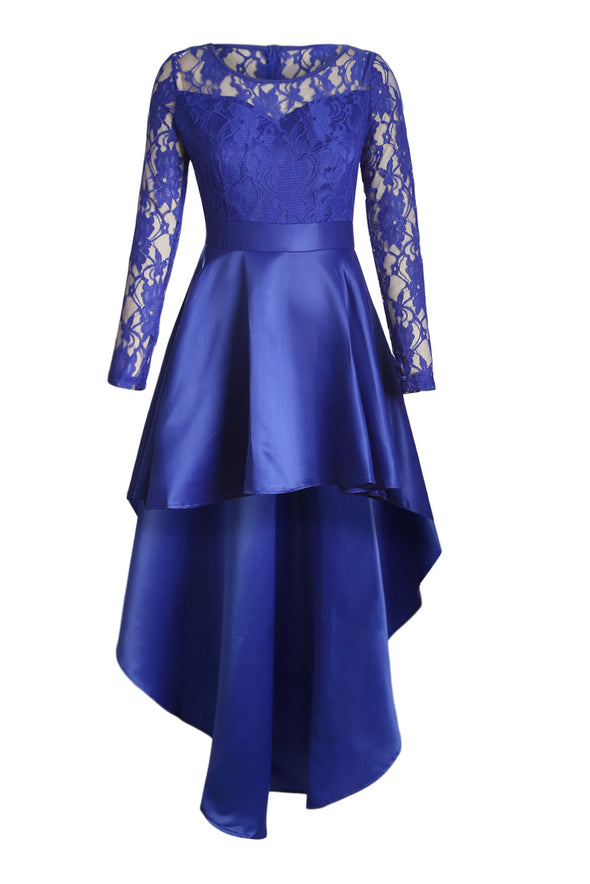Long Sleeve Lace High Low Satin Prom Dress
