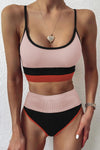 Spaghetti Straps Colorblock Ribbed High Waisted Swimsuit