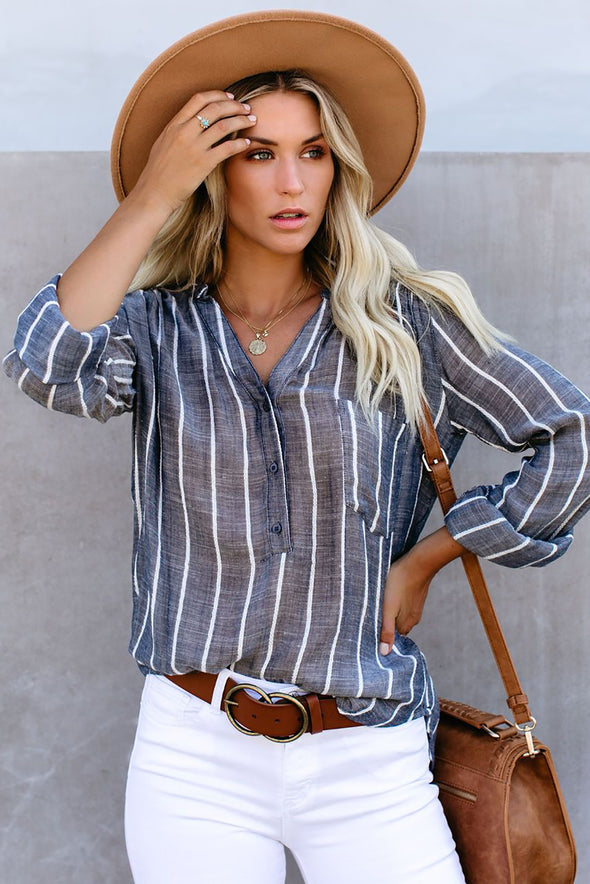 /Blue Striped V Neck Pocket Long Sleeve Top