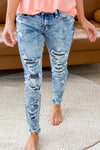 Striped Patchwork Distressed Slim-fit Jeans