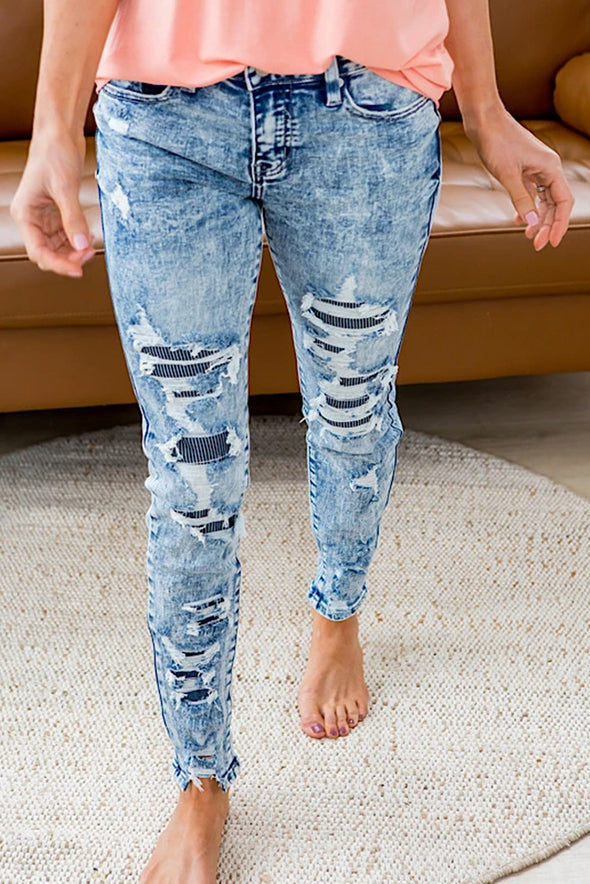 Striped Patchwork Distressed Slim-fit Jeans