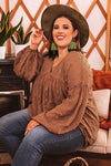 Wine Red V Neck Lantern Sleeve Swiss Dot Plus Size Blouse