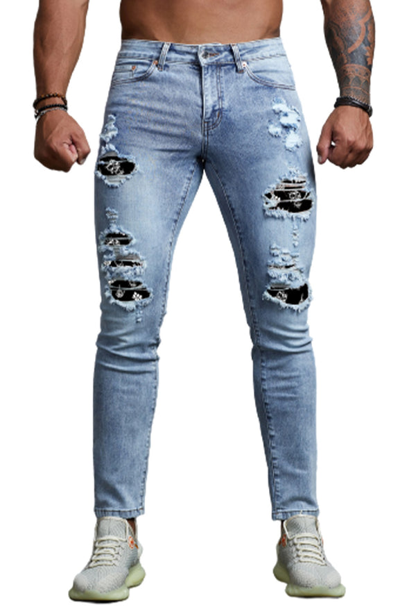 Men's Skull Print Patchwork Distressed Skinny High Waist Jeans