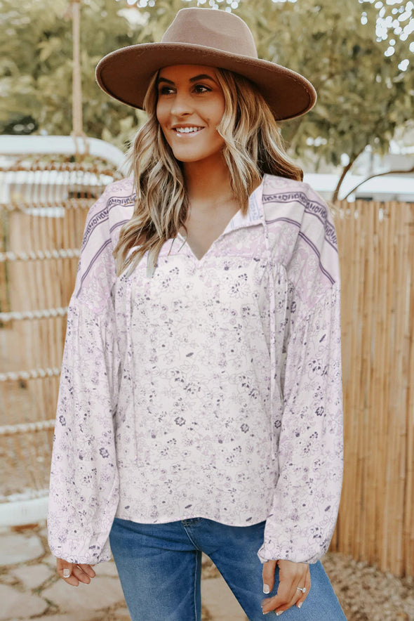 Floral Print Drawstring Loose Puff Sleeve Shirt