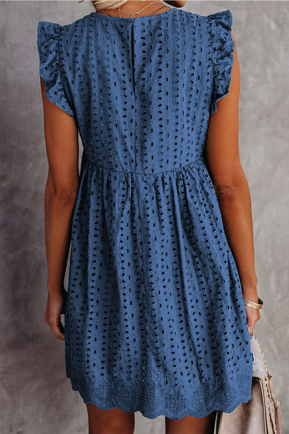 V Neck Ruffled Sleeves Perforating Babydoll Dress