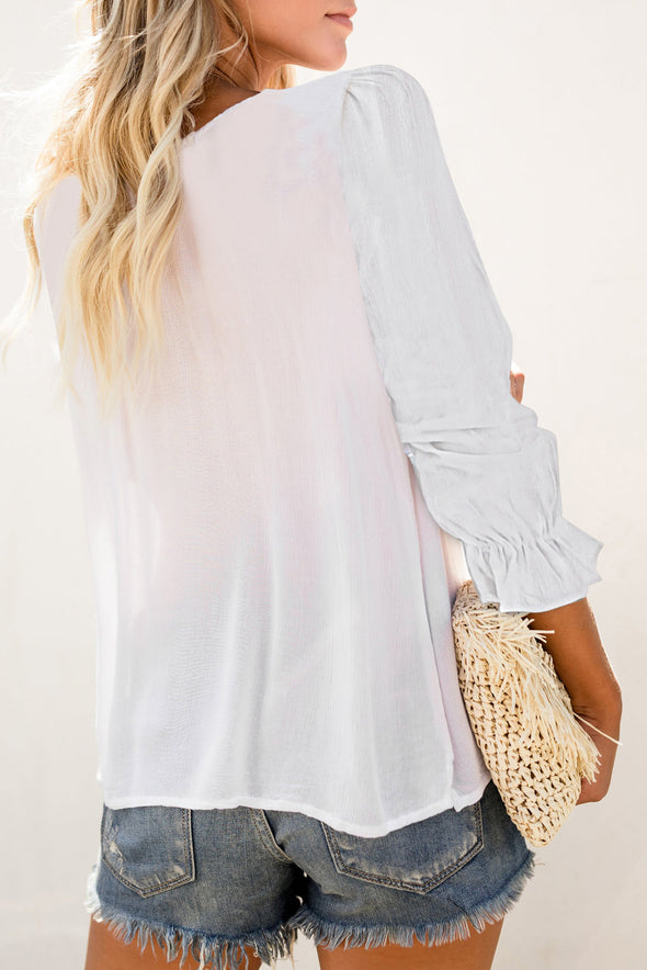 Bohemian Bubble Sleeve Eyelet Blouse