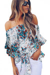 Off Shoulder Floral Tie Front High Low Chiffon Blouse