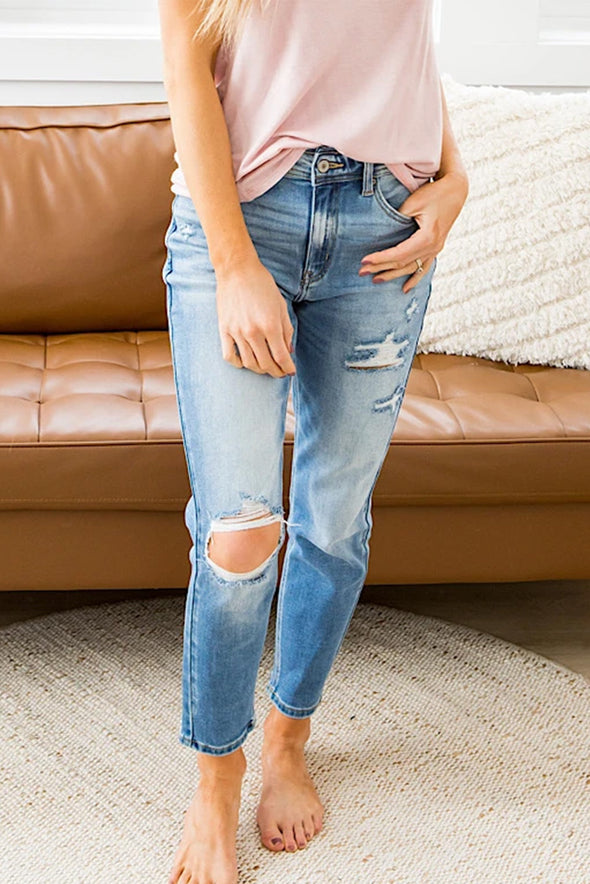 Wash Distressed Mid Waist Jeans