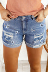 Women's Distressed Ripped Rolled Hem Blue Denim Shorts