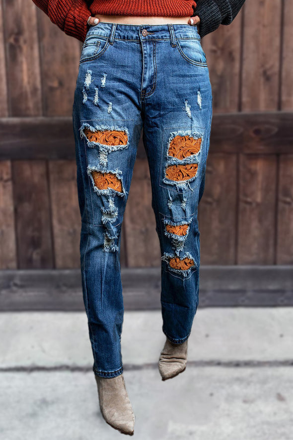 Valentine Heart Patchwork Distressed Straight Leg Jeans