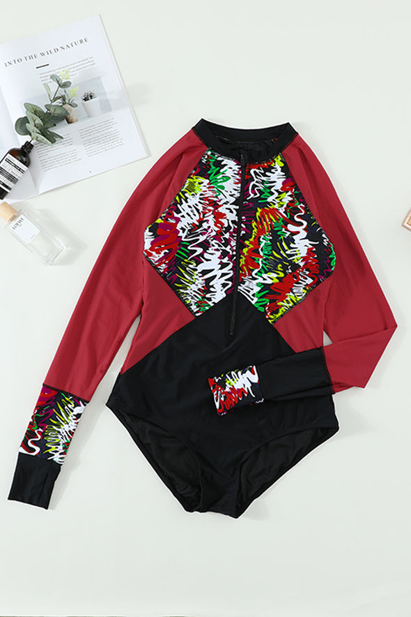 Floral Striped Patchwork Rashguard One-piece Swimsuit