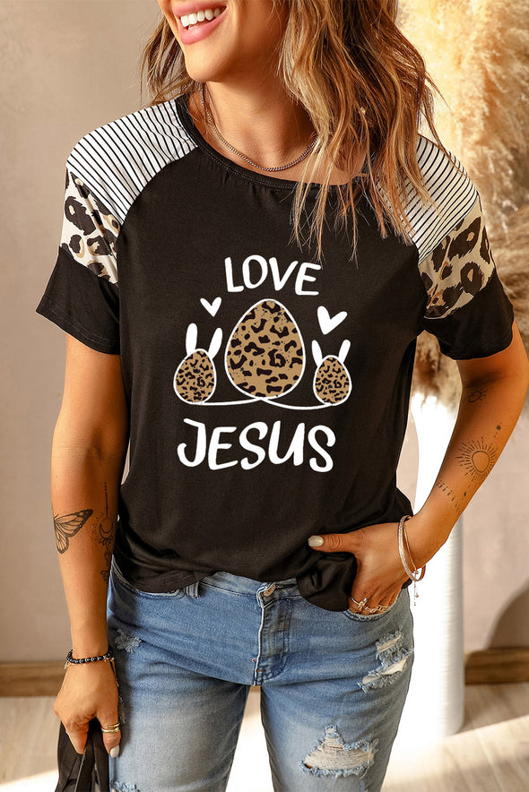 Letter Heart Print Leopard Striped Color Block Short Sleeve T-shirt