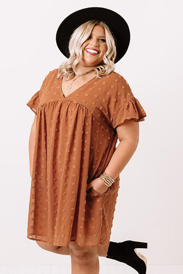 Plus Size V Neck Ruffle Swiss Dot Mini Dress with Pocket