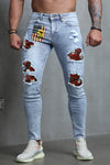 Men's Skull Print Patchwork Distressed Skinny High Waist Jeans