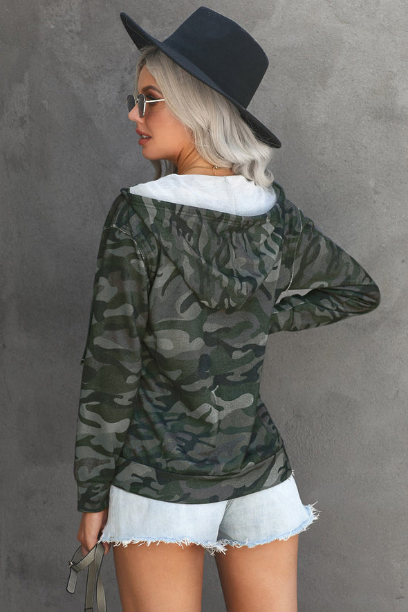 Army Green Camo Print Zip Up Hooded Jacket