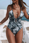 Tie Dye Lace Up Front Plunging V One Piece Swimsuit