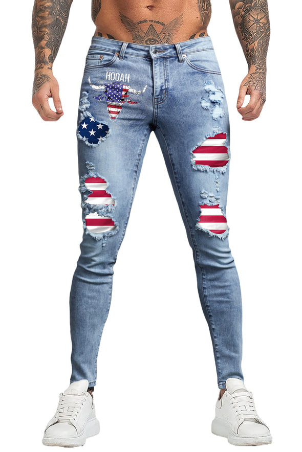Men's Skull Print Patchwork Distressed Skinny High Waist Jeans