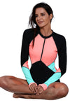 Color Block Zipper Long Sleeve Rash Guard Swimwear