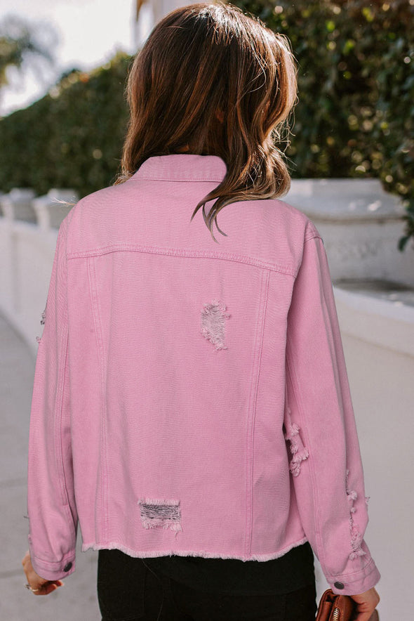 Lapel Distressed Raw Hem Buttons Denim Jacket
