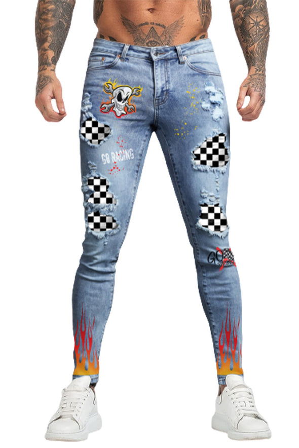 Men's Skull Print Patchwork Distressed Skinny High Waist Jeans