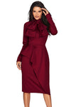 Burgundy Asymmetric Peplum Style Pussy Bow Dress