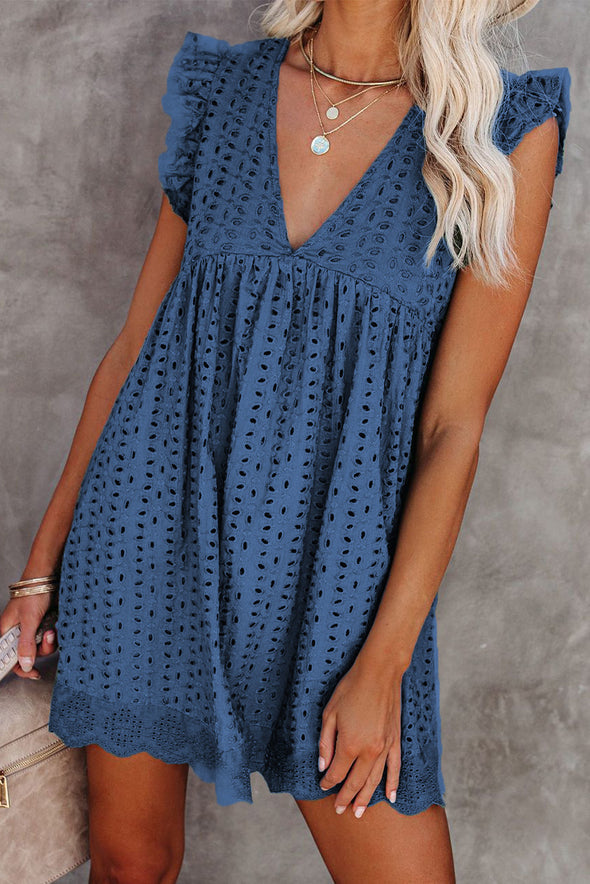 V Neck Ruffled Sleeves Perforating Babydoll Dress