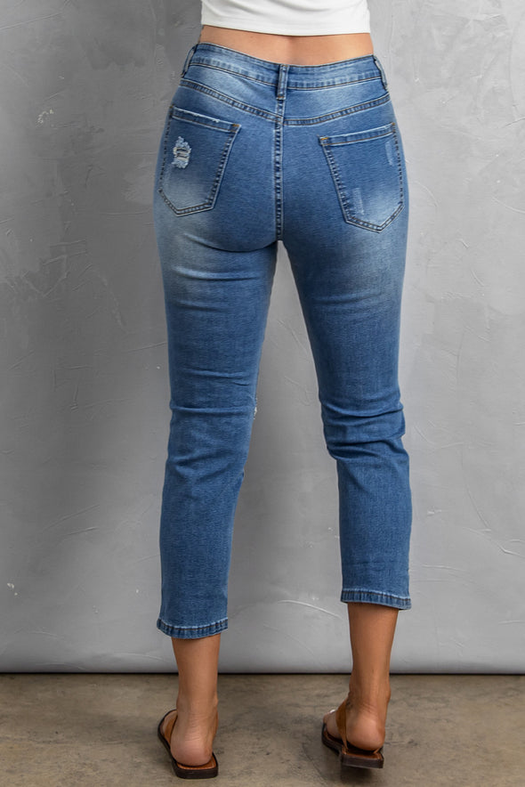 Fading Distressed Holes Crop Jeans