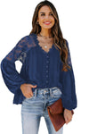 V Neckline Lace Shoulder Patchwork Blouse