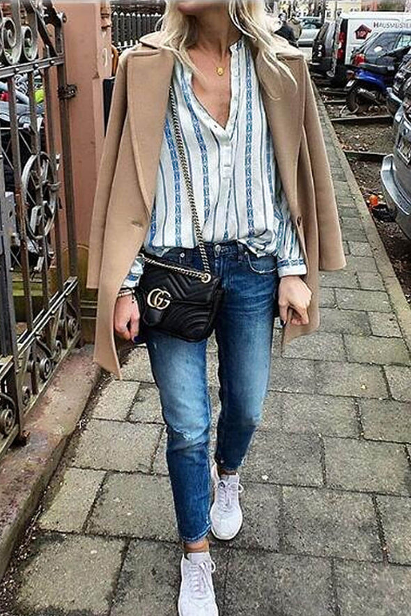 V Neck Striped Button Down Blouse