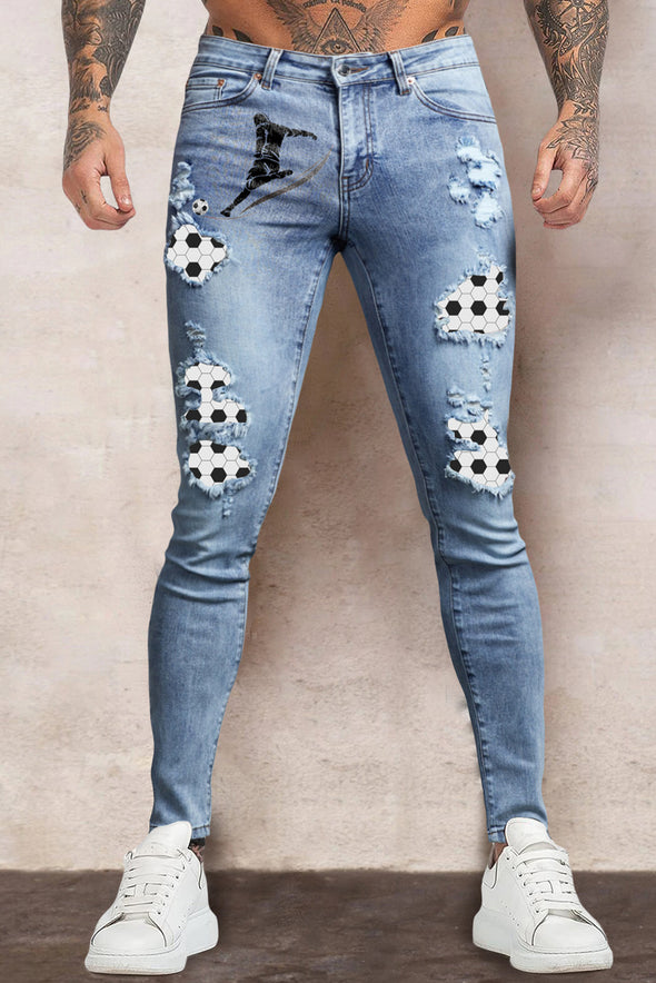 Men's Skull Print Patchwork Distressed Skinny High Waist Jeans