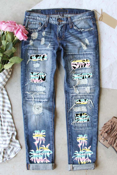 Tropical Tree Print Patchwork Distressed Jeans