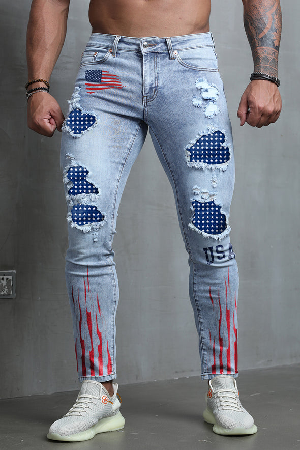 Men's Skull Print Patchwork Distressed Skinny High Waist Jeans