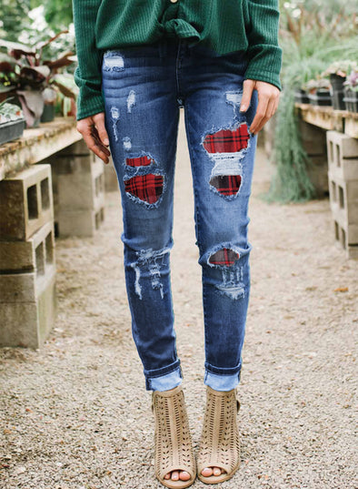 Patches Of Leopard Denim Distressed Jeans