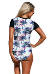 Blue Leaves Zip Front Half Sleeve One Piece Swimsuit
