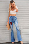 Dark Blue Mid Rise Button Front Flare Denim