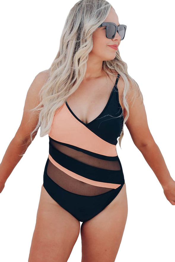 Colorblock Mesh Backless One-piece Swimwear