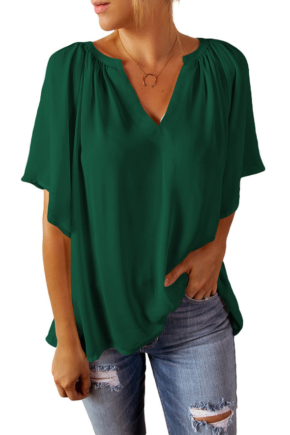 Split Neck Pleated Loose Blouse