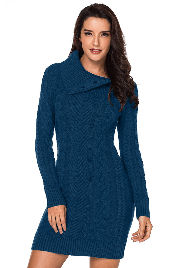 Asymmetric Buttoned Collar Black Bodycon Sweater Dress