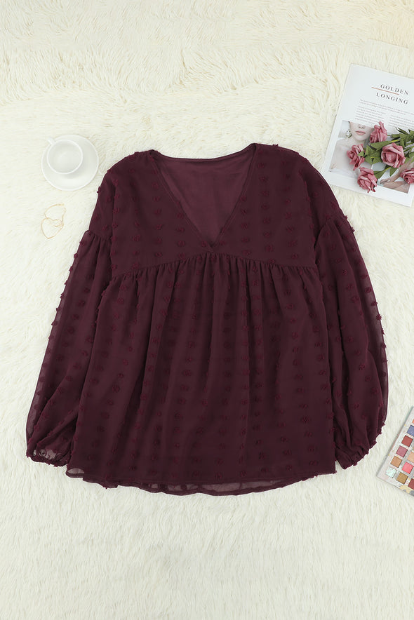 Wine Red V Neck Lantern Sleeve Swiss Dot Plus Size Blouse